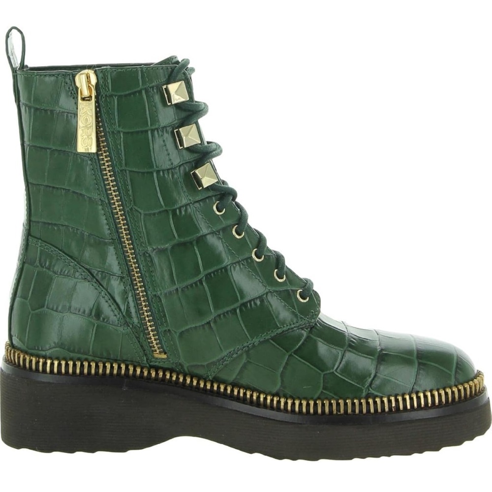 Michael Kors Embossed Croc Patent Leather Haskell Bootie Moss Green Combat Boot - Picture 2 of 11